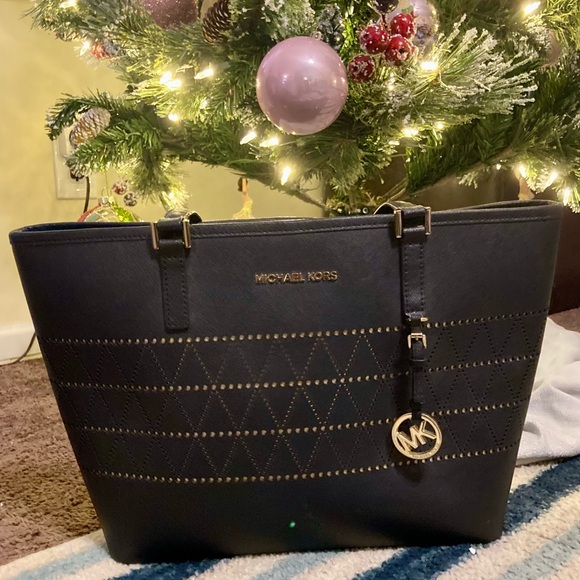 Michael Kors Handbags - Very Rare Michael Kors | Authentic | Laser Cut Jet Set  Black Tote |Gold Accents